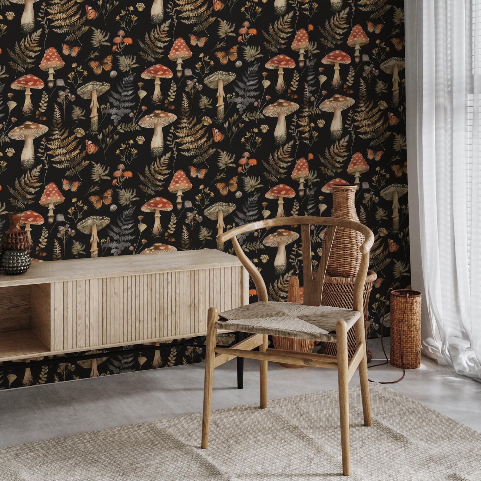 Dark Forest Mushroom Wallpaper - Vintage Botanical Mural - Mystical ...