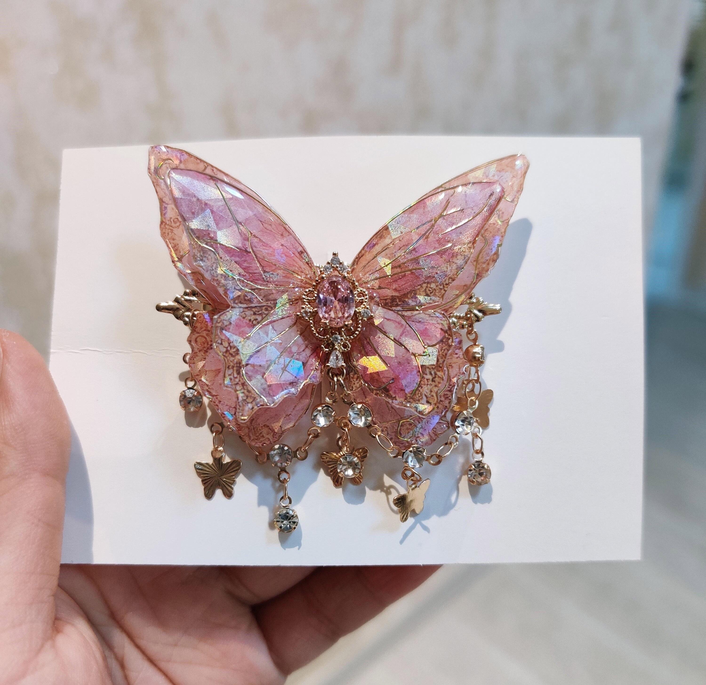 Handmade Pink Resin Butterfly Hair Clip, Sparkly Dangle Crystal, Whimsical Wedding Hair Accessory, Fairycore Sparkling Gift for Her.