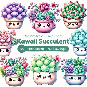 Kawaii Succulent Clipart: Watercolor Potted Plants PNG (Commercial License, Digital Download)