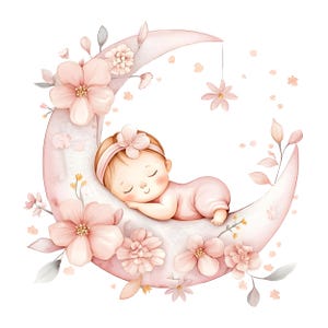 Pode incluir: Ilustração em aquarela de uma menina bebê dormindo na lua crescente. A lua é decorada com flores e folhas cor-de-rosa. O bebê usa um traje rosa e uma faixa de cabelo floral.