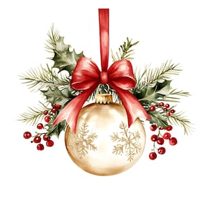 May include: A gold Christmas ornament featuring a glittery snowflake design, topped with a vibrant red ribbon bow. The ornament is surrounded by green holly leaves, pine needles, and clusters of bright red berries, creating a festive arrangement.