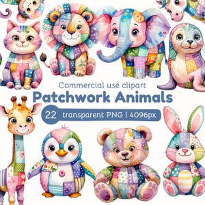 Watercolor Patchwork Animals Clipart: Nursery Decor PNG (Commercial License)