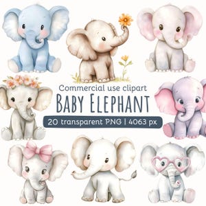 Clipart de Elefante Bebê em Aquarela | Animais em Aquarela | PNG de Animais Fofos | Decoração de Chá de Bebê | Arte de Parede para Berçário | Licença Comercial
