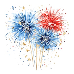 Könnte beinhalten: Aquarell-Illustration von Feuerwerk in Rot und Blau, mit goldenen Sternakzenten. Das Bild zeigt drei Feuerwerkskörper, mit goldenen Sternen und Glitzerdetails, ideal für patriotische Feiern.