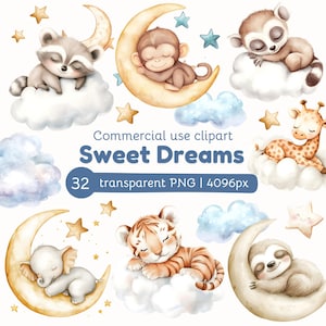Imágenes prediseñadas de animales durmiendo / Animales en acuarela / Dulces sueños PNG / Conejito durmiendo / Imágenes prediseñadas para habitación infantil / Elefante durmiendo / Licencia comercial