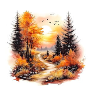 Puede incluir: Una ilustración en acuarela de un bosque otoñal con un sendero sinuoso entre árboles naranjas y amarillos, pinos altos y oscuros, y un sol brillante en el horizonte. Una bandada de aves vuela sobre el cielo cálido y resplandeciente.