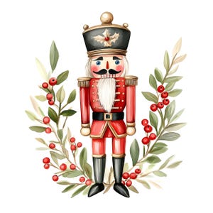 May include: A nutcracker figure wearing a black hat with a gold holly emblem, a red jacket with gold trim, and black boots. The figure has a white beard and is framed by a wreath of green leaves and red berries on a plain white background.