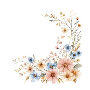 Könnte beinhalten: Aquarell-Blumenarrangement mit Blumen in Pastellfarben. Das Design umfasst rosa, blaue und cremefarbene Blüten mit zartem grünem Laub und goldenen Akzenten, angeordnet in einer gebogenen Form auf weißem Hintergrund.