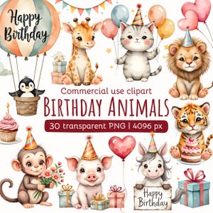 Clipart ze zwierzętami urodzinowymi | Akwarela Baby Shower PNG | Chłopiec urodzinowy | Dekoracja pokoju dziecięcego | Słodkie balony | Dziewczynka urodzinowa | Licencja komercyjna