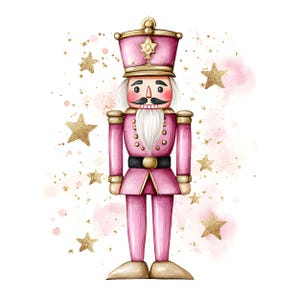 Peut inclure: Une figurine de casse-noisette rose avec un grand chapeau orné d'une étoile dorée, une barbe blanche et une ceinture noire. L'illustration est entourée d'étoiles dorées scintillantes et de touches d'aquarelle rose pour un rendu décoratif.