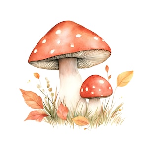Könnte beinhalten: Eine Aquarellillustration von zwei Pilzen mit roten Kappen und weißen Punkten, die auf einer Basis aus grünem Gras und verstreuten orangefarbenen und gelben Herbstblättern stehen. Der größere Pilz zeigt deutlich sichtbare Lamellen unter seiner Kappe.