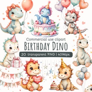 Clipart z dinozaurem urodzinowym | Akwarela Dinozaur PNG | Chłopiec urodzinowy | Wystrój pokoju dziecięcego | Słodkie zwierzęta | Dziewczynka urodzinowa | Licencja komercyjna