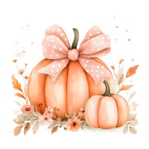 May include: A watercolor illustration of two orange pumpkins. The larger pumpkin features a prominent light pink bow with white polka dots tied around its stem. The pumpkins are surrounded by delicate orange and pink floral accents and leaves.