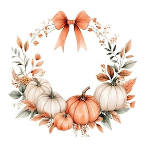 May include: A circular wreath featuring a large peach-coloured bow at the top, accented with white and orange pumpkins, various autumn leaves in shades of brown and green, and delicate sprigs of small berries arranged in a decorative seasonal display.