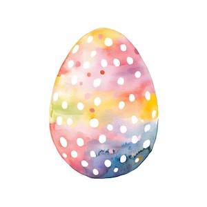 Pode incluir: Ovo de Páscoa em aquarela com um design colorido e misturado. O ovo apresenta uma mistura de tons rosa, amarelo, verde e azul, com bolinhas brancas espalhadas pela superfície. O ovo está em um fundo branco.