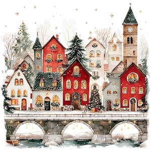 Watercolor Christmas Town Clipart: 20 Winter Village JPGs (Digital Download)
