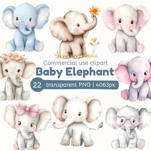 Watercolor Baby Elephant Clipart | Watercolor animals | Cute Animal PNG | Baby Shower Decor | Nursery Wall Art |  Commercial License
