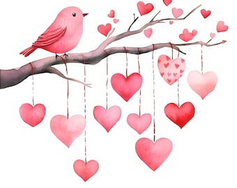 May include: A watercolour illustration featuring a pink bird on a branch adorned with heart-shaped decorations. The hearts are in various shades of pink and red. The branch is a muted brown, and the background is white, creating a romantic and whimsical scene.