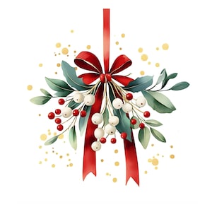 Clipart di vischio / 20 decorazioni natalizie ad acquerello in formato JPG / Materiale stampabile per le feste / Download digitale ad alta risoluzione / Uso commerciale