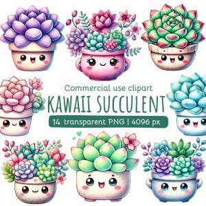 Clipart de suculentas kawaii / Plantas de acuarela / PNG florales / Plantas en macetas / Macetas / Clipart kawaii / Licencia comercial