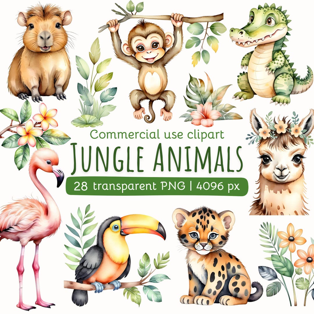 Watercolor Jungle Animals Clipart: Rainforest PNG Images (commercial ...