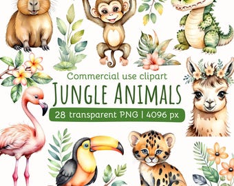 Watercolor Jungle Animals Clipart: Rainforest PNG Images (Commercial License)