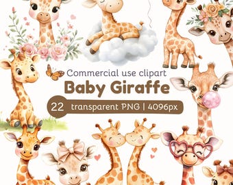 Imágenes prediseñadas de jirafas bebés en acuarela / Animales en acuarela / Imágenes PNG de animales lindos / Decoración para baby shower / Arte para la pared de la habitación del bebé / Licencia comercial