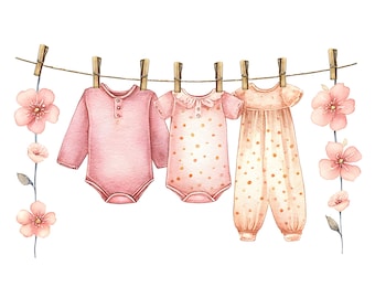 Baby Girl Clothesline | 20 Watercolor 1st birthday Clipart, Pink Onesies Clothesline JPG (Commercial License, Digital Download)
