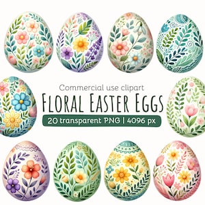 May include: Digitally illustrated Easter eggs with floral designs in various colours. Each egg features different flowers and foliage. The image includes the text "FLORAL EASTER EGGS" and other details.