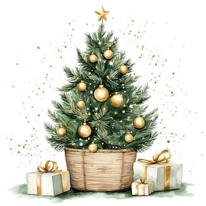Peut inclure: Illustration à l'aquarelle d'un sapin de Noël orné de boules dorées et d'une étoile. L'arbre est dans un panier en osier, avec des cadeaux emballés à la base. Des paillettes dorées accentuent l'arrière-plan, créant une scène de vacances festive.