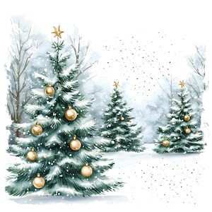 Winter Forest Clipart | 20 Watercolor Pine Trees | Winter Holiday Clipart | Snowy Christmas Tree | High Res JPGs | Commercial Use