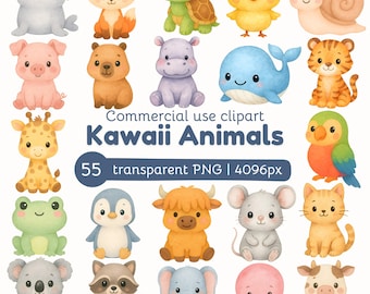 Kawaii Animals Watercolor Clipart: Woodland, Farm & Sea Animals (PNG Digital Download)