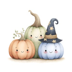 Può includere: Un'illustrazione ad acquerello di tre zucche con volti sorridenti. Una è arancione con un gambo verde, una è alta e verde pallido, e la terza è azzurra, con un cappello a punta blu scuro decorato con stelle gialle e una fascia di corda.