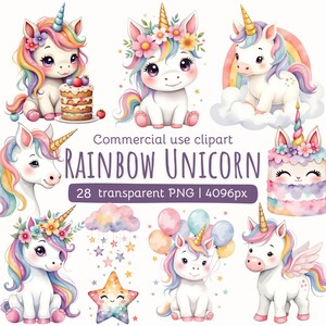 Tęczowy Jednorożec Clipart | Akwarela Baby Shower PNG | Clipart Urodzinowy | Dekoracja Pokoju Dziecięcego | Tort Jednorożec | Fioletowy Jednorożec | Licencja Komercyjna