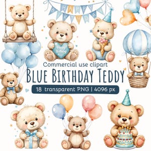 Clipart de Ursinho Azul | Chá de Bebê em Aquarela PNG | Aniversariante | Decoração de Quarto de Bebê | Balões Fofos | Revelação do Sexo do Bebê | Licença Comercial