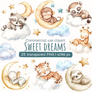 Clipart animali addormentati / Animali ad acquerello / Sogni d'oro PNG / Coniglietto addormentato / Clipart per bambini / Elefante addormentato / Licenza commerciale