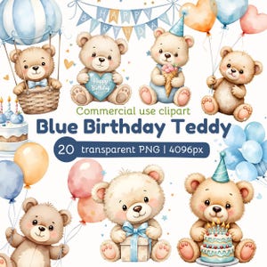 Teddy Bear Birthday Clipart: Blue Watercolor Teddy, Baby Shower PNG, First Birthday Clipart, (Commercial Use, Digital Download)