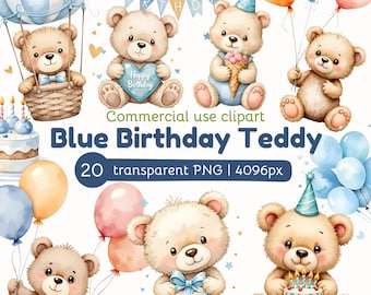 Verjaardag teddybeer clipart: blauwe aquarel teddybeer, babyshower png, eerste verjaardag clipart, (commercieel gebruik, digitale download)