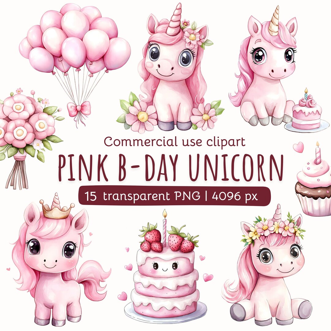 Pink Birthday Unicorn Clipart | Watercolor Animals | Unicorn PNG ...