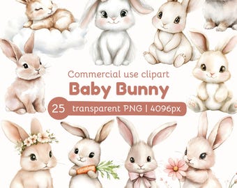 Watercolor Baby Bunny Clipart | Watercolor Rabbit | Cute Animal PNG | Baby Shower Decor | Nursery Wall Art |  Commercial License
