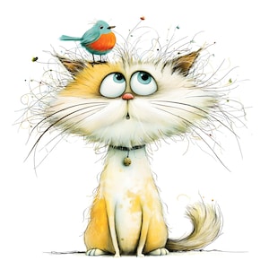 Peut inclure: Illustration fantaisiste d'un chat duveteux aux grands yeux bleus regardant vers le haut. Un petit oiseau bleu et orange est perché sur la tête du chat. Le chat porte un collier noir avec un charme doré. L'œuvre est sur fond blanc.