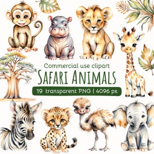 Imágenes prediseñadas de animales de safari / Animales de acuarela / Animales de la sabana PNG / Imágenes prediseñadas de guardería / Elefante, león, jirafa, cebra / Licencia comercial