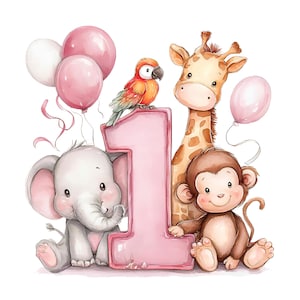 Può includere: Illustrazione ad acquerello con il numero 1 rosa, circondato da un elefante, una giraffa, una scimmia e un pappagallo. Palloncini rosa fluttuanti, creando una scena festosa per il primo compleanno.
