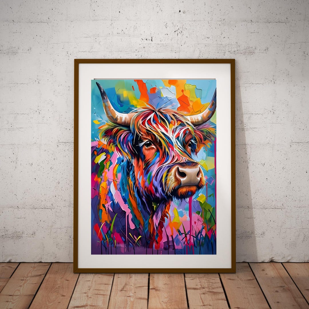 Vibrant Highland Cow Abstract Print: Modern Farm Animal Wall Art ...