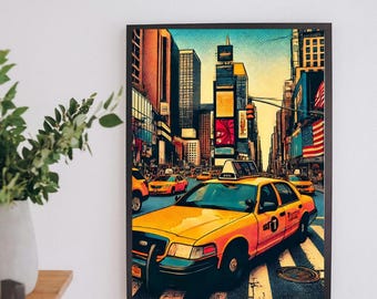 NYC Yellow Taxi Poster: Comic Style New York City Wall Art (Digital Download)