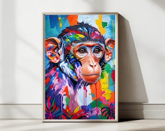 Impresión abstracta de mono: vibrante obra de arte de animales de la selva (descarga digital)