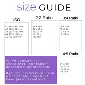 May include: A purple and white chart with the text "Size Guide" at the top. The chart shows different sizes for ISO, 2:3 Ratio, 3:4 Ratio, and 4:5 Ratio. The sizes are listed in millimetres and inches.