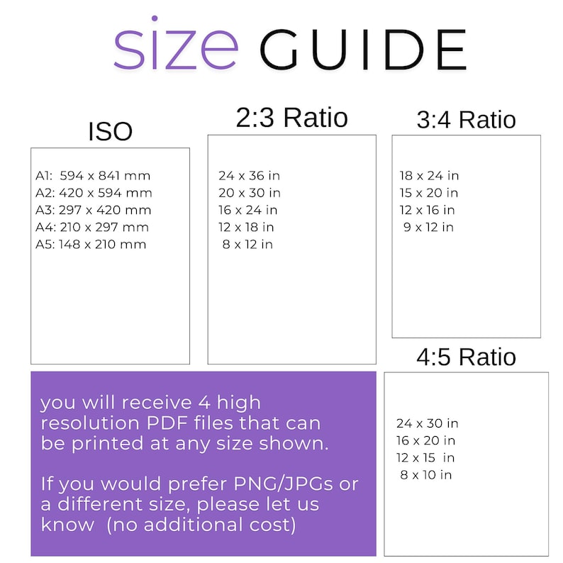 May include: A purple and white chart with the text "Size Guide" at the top. The chart shows different sizes for ISO, 2:3 Ratio, 3:4 Ratio, and 4:5 Ratio. The sizes are listed in millimetres and inches.
