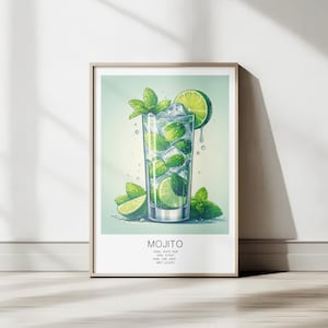 Mojito Cocktail Print | Retro Bar Art & Drink Recipe | Vintage Cocktail Poster for Kitchen Wall Decor