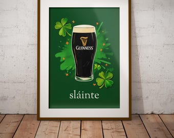 Reprodukcja irlandzkiego pubu Guinness „Sláinte”: plakat piwa Shamrock